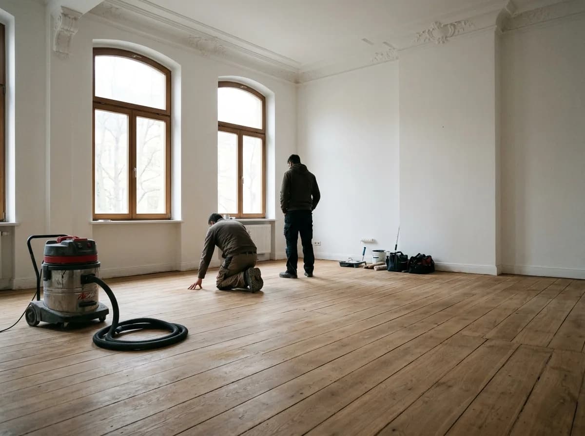 Frisch geschliffener Holzboden in einem hohen Altbauzimmer mit Rundbogenfenstern, in der Ecke ein Industriesauger