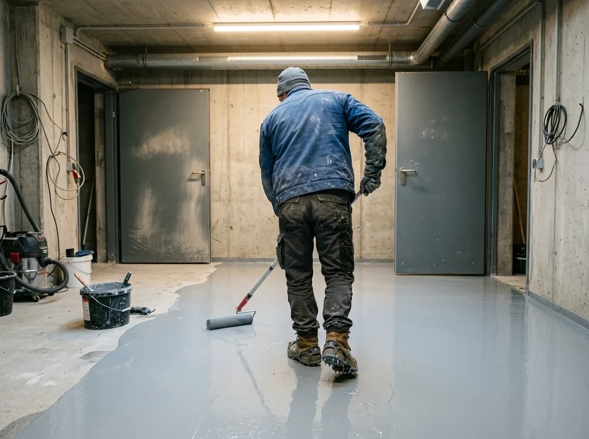 Hellgraue Epoxidharzbeschichtung wird in einem Kellerraum mit der Rolle aufgetragen