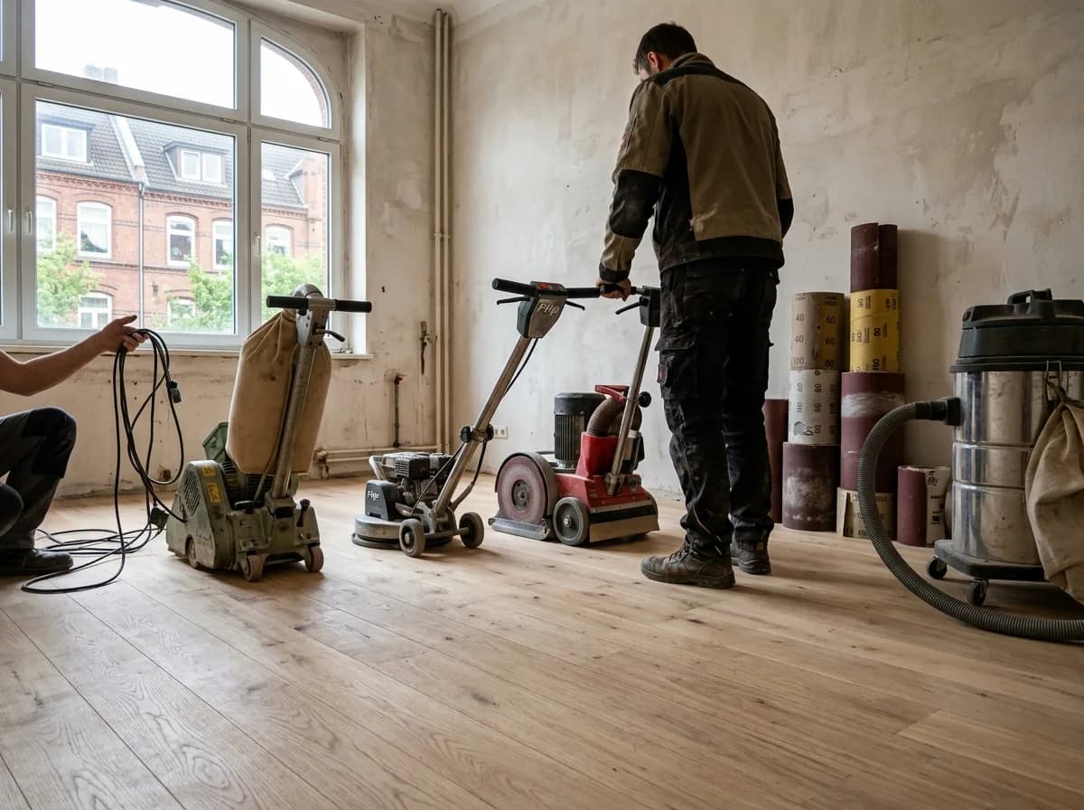Bandschleifmaschine, Randschleifer und Einscheibenmaschine stehen auf einem frisch geschliffenen Holzboden