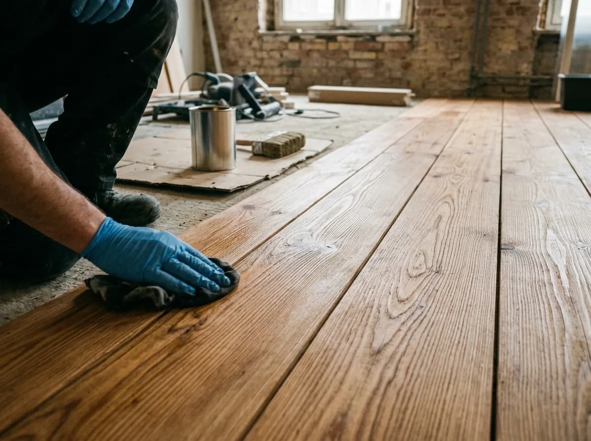 Hand im Handschuh nimmt überschüssiges Öl mit einem Tuch von breiten Holzdielen ab