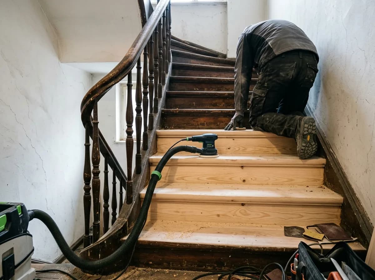 Alte Holztreppe mit gedrechseltem Geländer, die unteren Stufen sind hell geschliffen