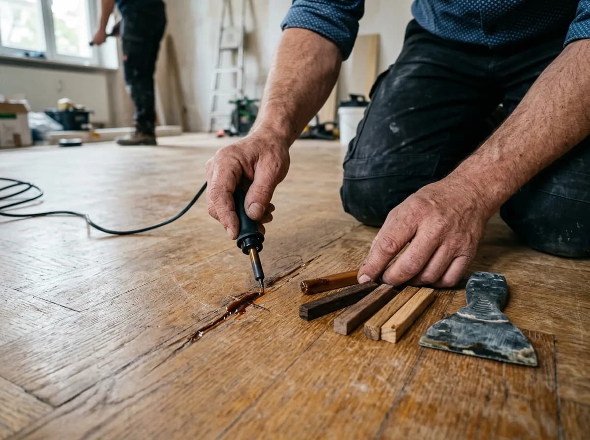 Tiefer Kratzer im Eichenparkett wird mit dem Wachsschmelzer und Hartwachs gefüllt
