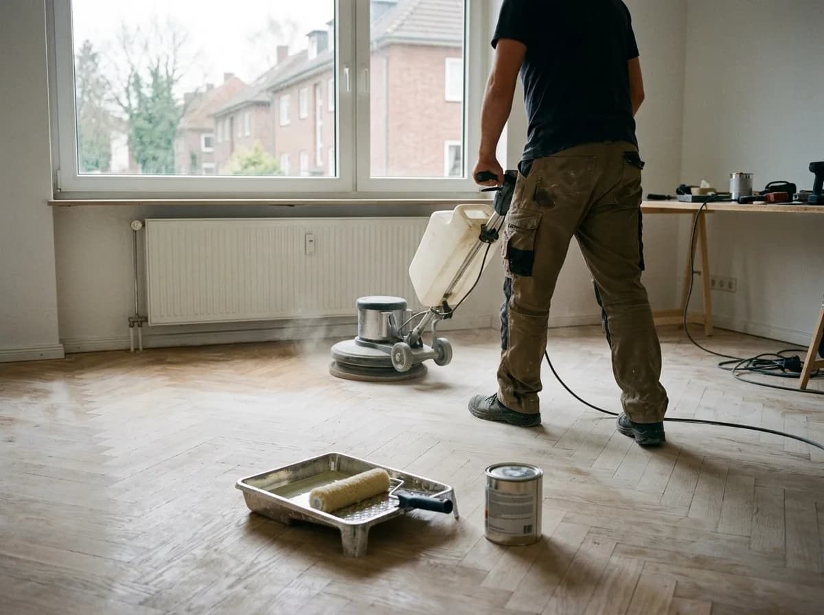 Einscheibenmaschine schleift versiegeltes Parkett matt an, vorn stehen Lackwanne und Rolle bereit