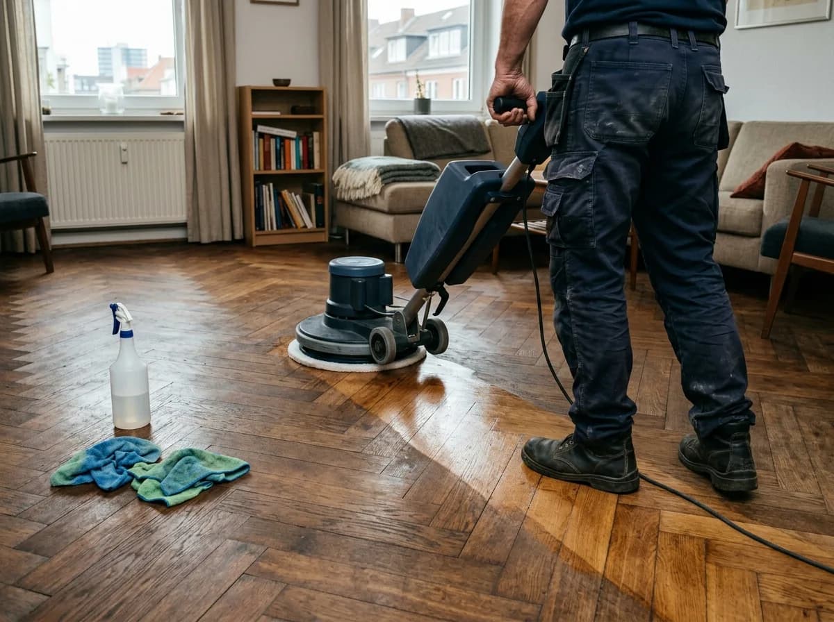 Heller Parkettboden mit sichtbarer Oberfläche und Pflegebedarf