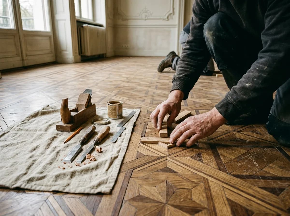 Hände setzen ein Ersatzstück in historisches Tafelparkett ein, daneben Hobel und Stecheisen