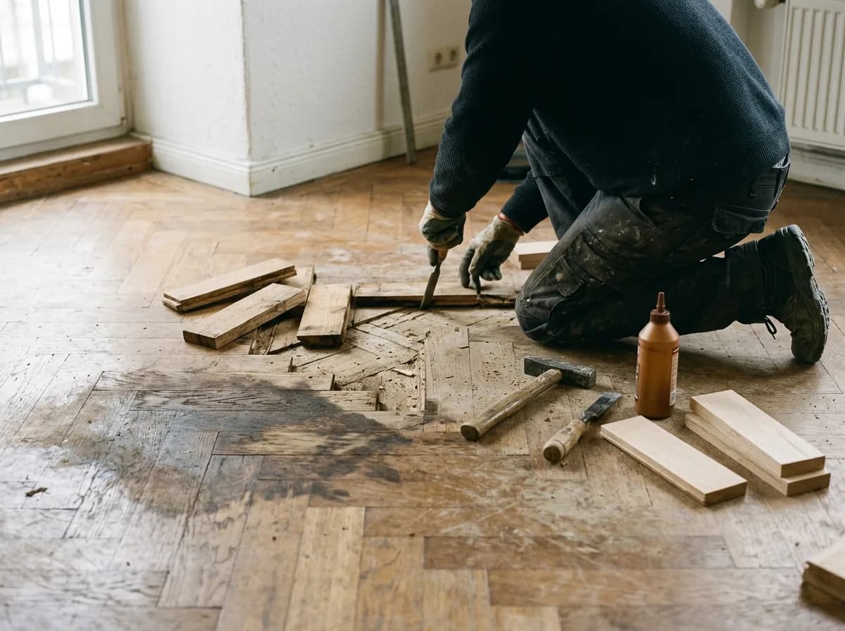 Lose Parkettstäbe sind aus einem alten Boden mit Wasserfleck herausgenommen, daneben Hammer, Leim und Ersatzholz