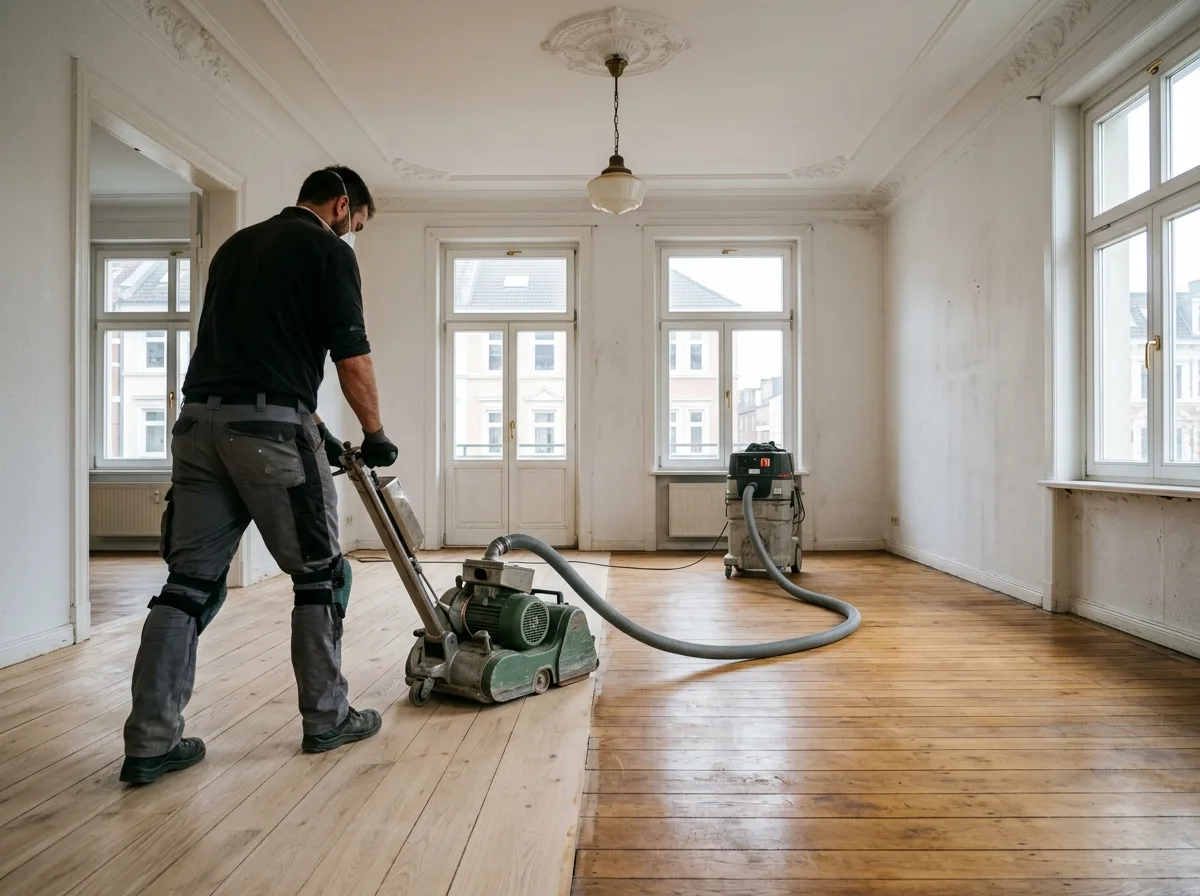 Handwerker schleift einen Holzboden im Altbau mit der Bandschleifmaschine, links die geschliffene, rechts die alte Oberfläche