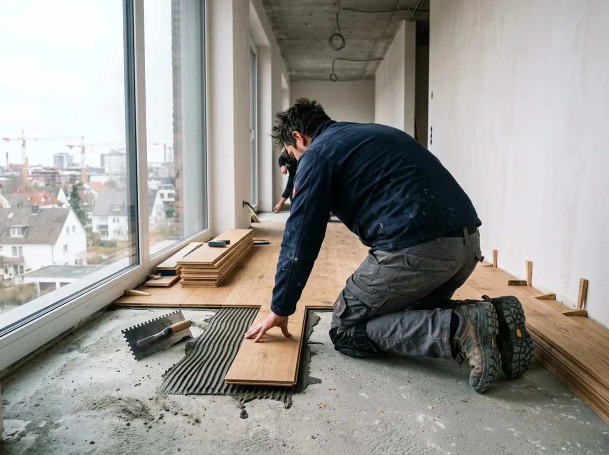 Bodenleger drückt eine Eichendiele in das Kleberbett auf dem Estrich, Neubau mit bodentiefen Fenstern