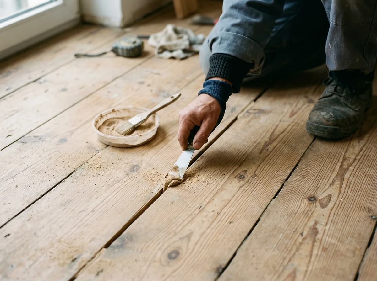Offene Fuge zwischen zwei alten Kieferndielen wird mit holzfarbener Fugenmasse und Spachtel gefüllt