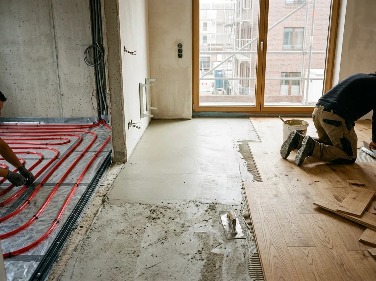 Baustelle mit roten Rohren der Fußbodenheizung, fertigem Estrich und frisch verklebtem Eichenparkett
