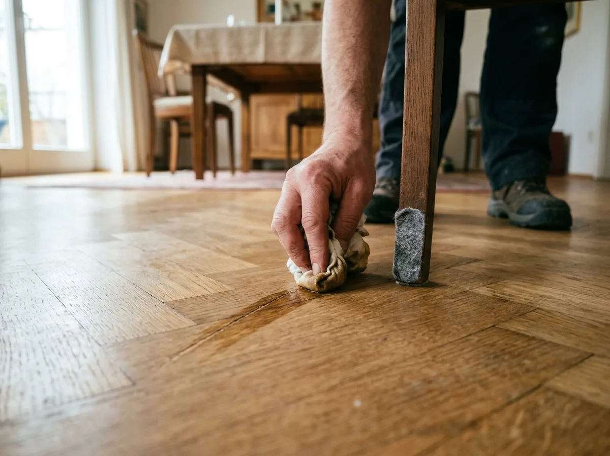 Parkett mit Gebrauchsspuren und farblichen Unterschieden