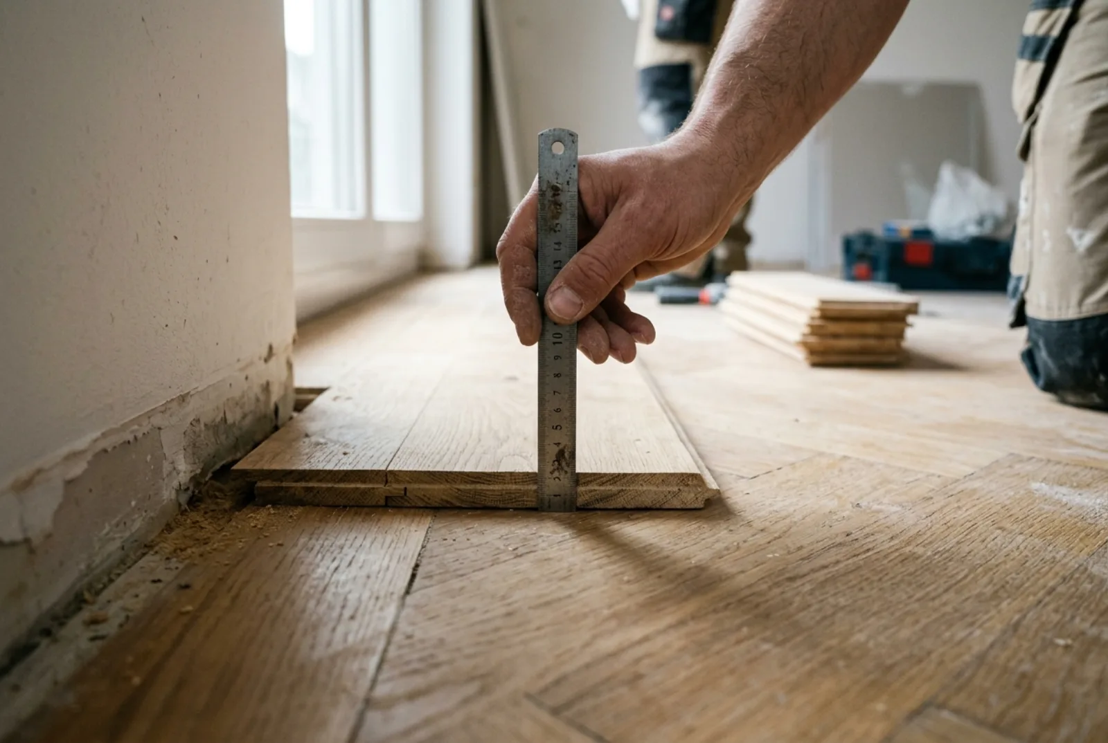 Hand misst mit dem Stahllineal die Holzstärke an der Randfuge eines Parkettbodens