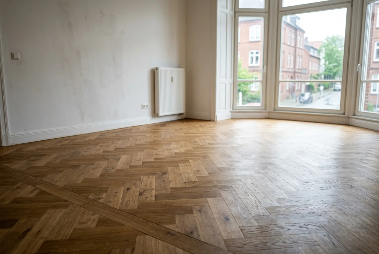 Geöltes Fischgrätparkett aus Eiche mit Wandfries in einem Altbau-Wohnzimmer